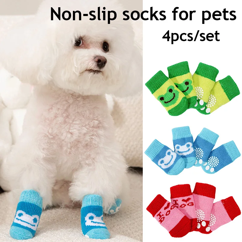 

4Pcs Cute Print Anti-Slip Dog Socks Cats Puppy Shoes Pet Paw Protector Products For Small And Medium-sized Dogs Chihuahua