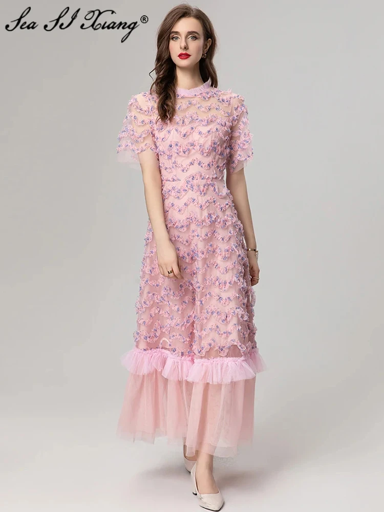 

Seasixiang Fashion Designer Summer Mesh Maxi Dress Women's O-Neck Short Sleeve Flower Print Ruffles Elegant Party Long Dress