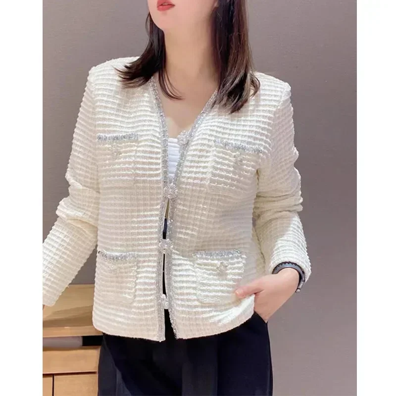 

Women New Early Spring Ivory White Waffle V-neck Knitted Cardigan Jacket