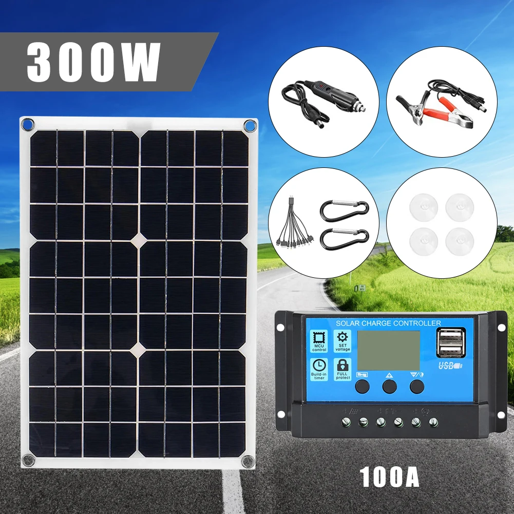 300W Solar Panel Kit With 100A Controller 12V Battery Charger Dual USB Solar Board IP65 Waterproof For Phone RV Car Boat Outdoor
300W Solar Panel Kit With 100A Controller 12V Battery Charger Dual USB Solar Board IP65 Waterproof For Phone RV Car Boat Outdoor