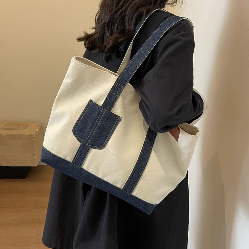 

Tote Shoulder Bag Large Capacity Canvas Storage Bag for Women Preppy Style Leisure Shopping Commuter Street Fashion All-match