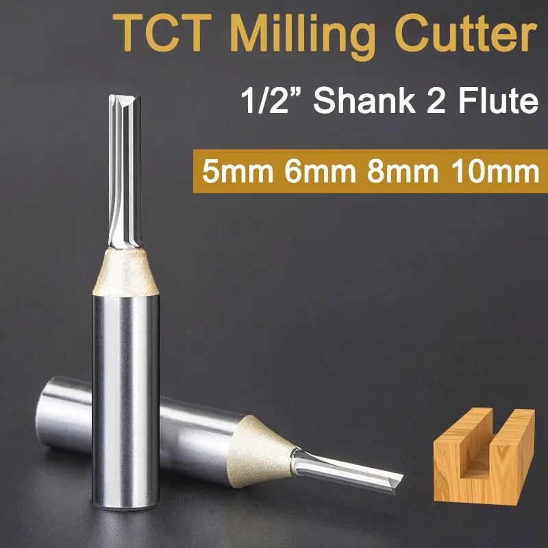 

1/2" Shank 12.7mm TCT Straight Router Bit 5 6 8 10mm Woodworking Carving 2 Flute Milling Cutter Wood Engraving Carbide CNC Bits