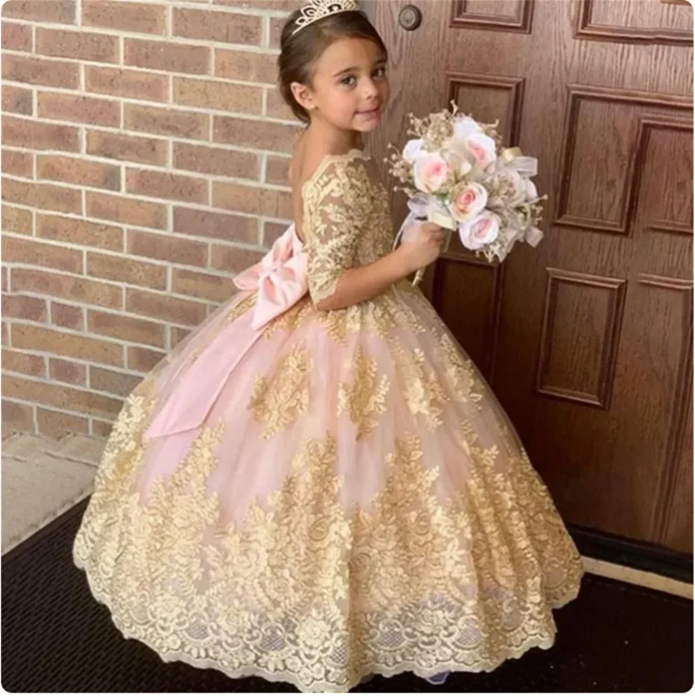 

Flower Girl Dresses For Photoshoot Pearls Floral Litter Kids Pageant Gown Birthday Party First Communion Dress