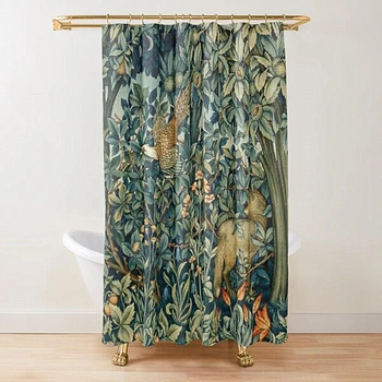 산림 동물 꿩 및 여우 블루 그린 꽃무늬 샤워 커튼, 산토끼 숲 그린 샤워 커튼 세트, 욕실용 후크