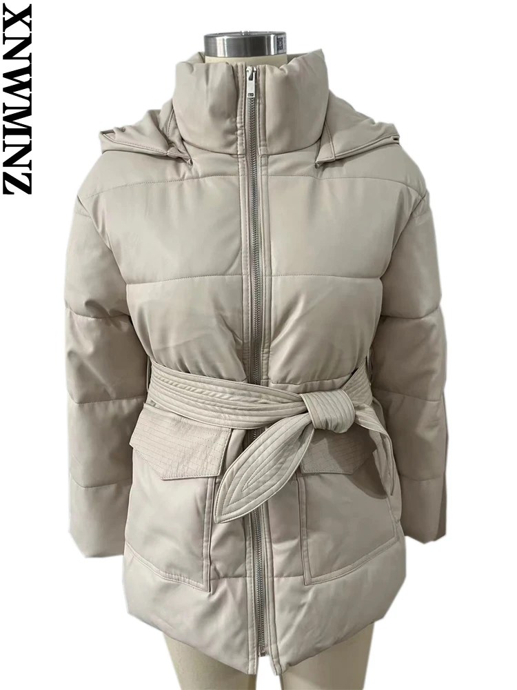 

XNWMNZ New Fall winter woman fashion Leather Thermal Padded Hooded Jacket with Belt women vintage parka faux leather cotton coat