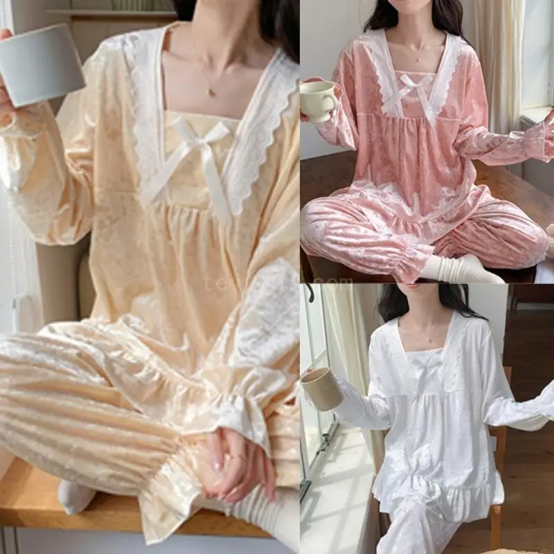 

Женский бархатный пижамный комплект с кружевной отделкой и бантом с квадратным вырезом и пышными рукавами, одежда для сна с