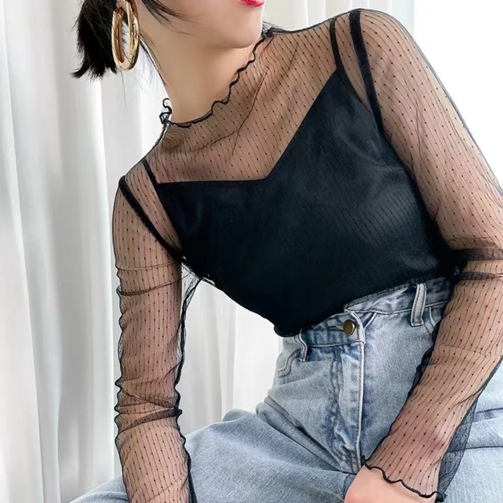 

New Black Transparent T-shirt Sexy See Through Tops Women Lace Long Sleeve Mesh Tulles Blouses Summer Sunscreen Pullover Tees