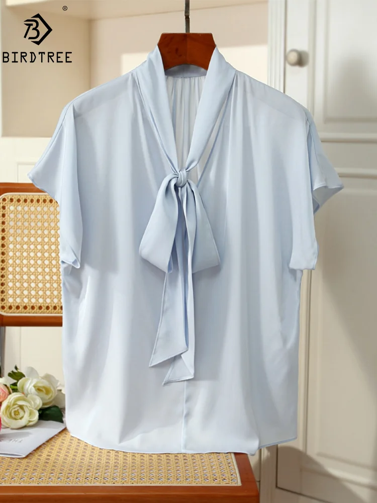 

BirdTree, 93%Real Silk OL Elegant Shirt, Women V Neck Ribbon Bow, Loose Fashion Designed Blouse, 2024 Summer New Top T453103QM