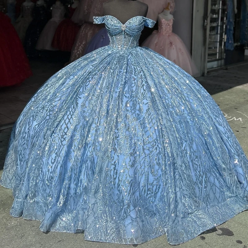 

Sparkly Sky Blue Princess Quinceanera Dresses Off Shoulder Ball Gown Glitter Appliques Lace Crystals Beads Tull Sweet 15th Dress