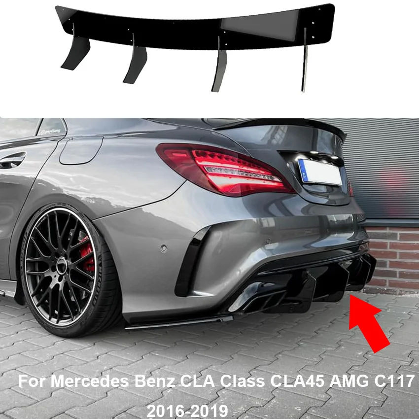 

2016 - 2019 для Mercedes Benz C117 CLA45 AMG Line, 4 плавника, глянцевый черный диффузор для заднего бампера автомобиля, задние боковые разветвители, спойлер, губа