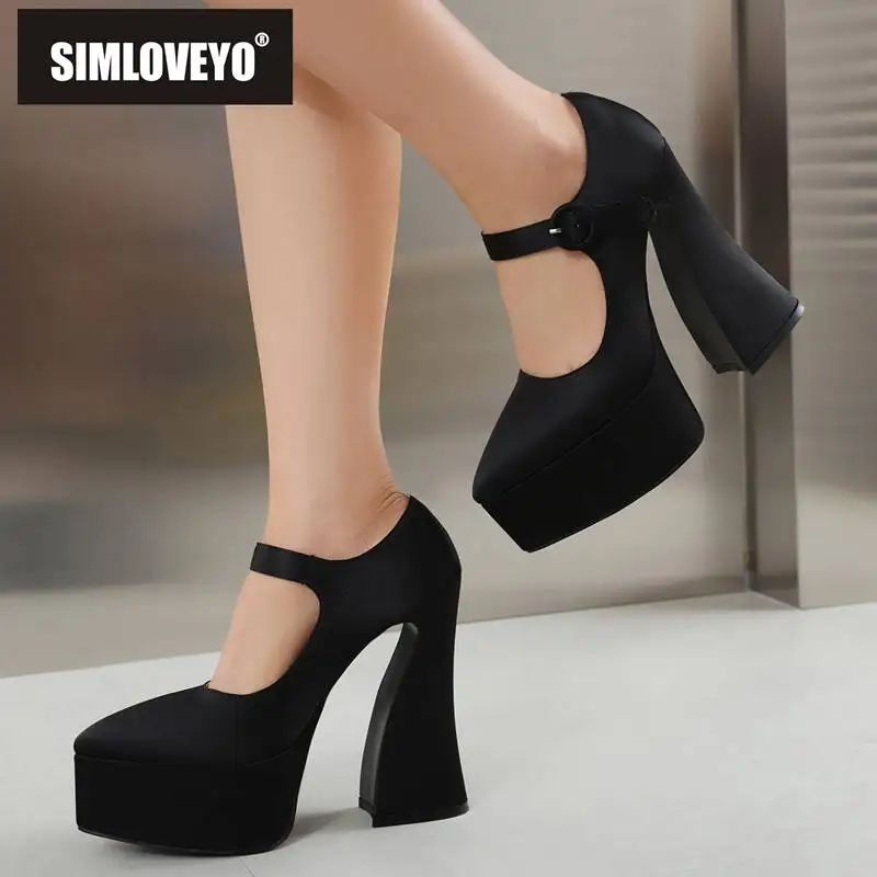 

SIMLOVEYO Design Shoes For Women Pumps Pointed Toe Satin Ultrahigh Heels 14cm Platform Hill 5cm Buckle Strap Big Size 42 43 Sexy