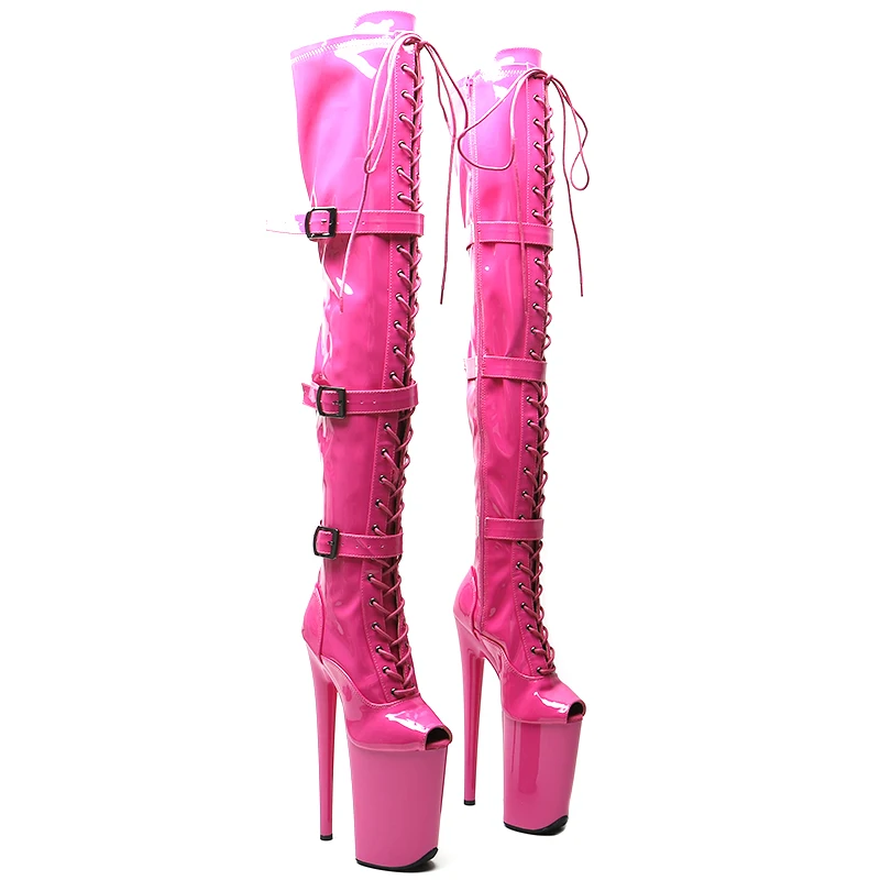 

Leecabe 23CM/9inches Shiny PU Patent Small Open Toe fashion lady High Heel platform Pole Dance boots