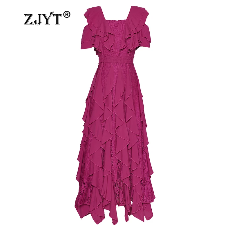 

ZJYT Ruffles Patchwork Long Lace Dresses for Women Summer Square Collar Maxi Evening Party Dress Elegant Female Clothing 2024