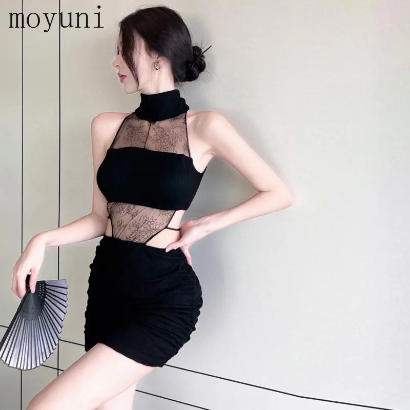 

2023 Sexy Hot Girl Western Style Fried Street Hollow-out Midriff Dress Slim Slimming Sheath Stitching Lace Black Dress Women