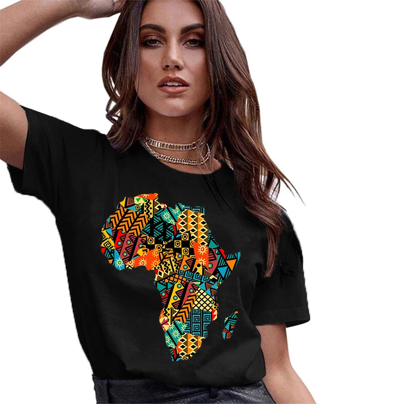 

Women Tee Cartoon Africa Print T-shirt For Women Short Sleeve Harajuku Female Ropa Mujer Clothes Simple T Shirt Women