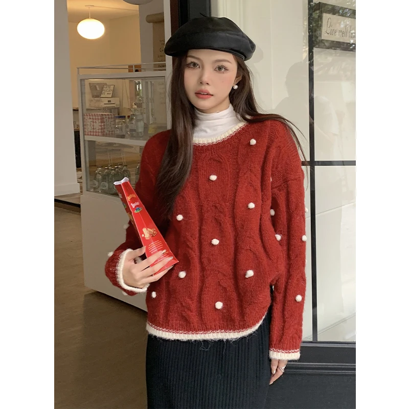 

Christmas style round neck Fried Dough Twists knitting sweater 2023 new autumn and winter design three-dimensional wool ball