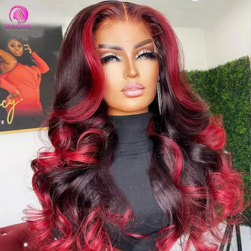 

1B/99J Ombre Burgundy Stripe Wig Lace Front Human Hair Wigs 13x4 Body Wave Red Highlight Wig Human Hair Colored Lace Front Wig