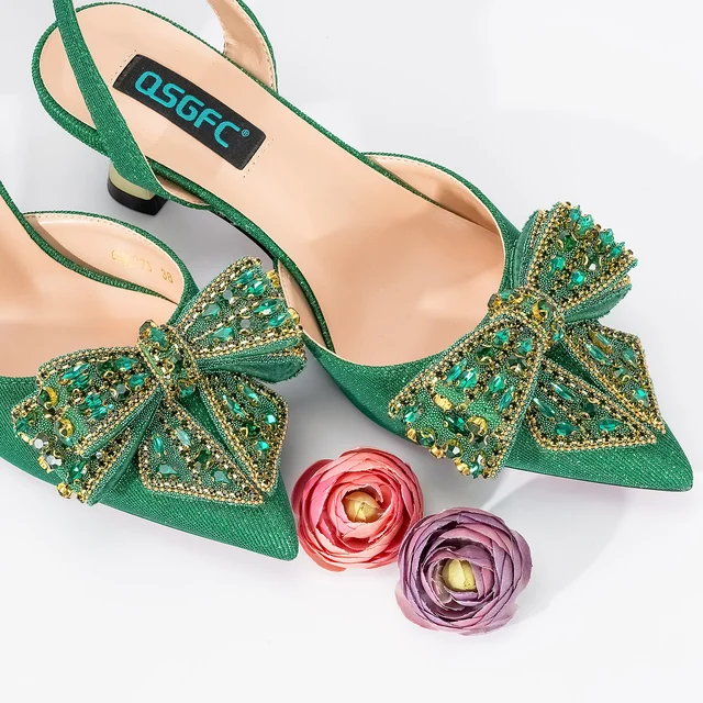 QSGDavid-Chaussures Parker pointues à nœud en cristal pour femmes, design italien, vert, mode élégante pour dames, ensemble de sacs de fête 03/or 2