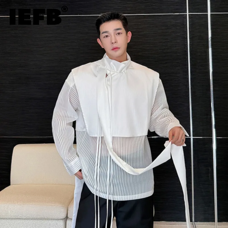 

IEFB Male Shirt Fashion Mesh Splicing Hollow Out Sunscreen Design Ribbon Long Sleeve Stand Collar Asymmetric Casual Top 9C5780