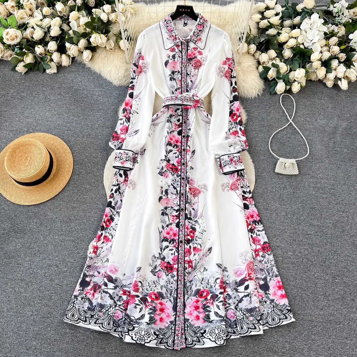 

Fashion Designer Women Party Vacation Dresses Spring Autumn Flower Printing O-Neck Bandage Waist Ruched Street Wear Vestidos