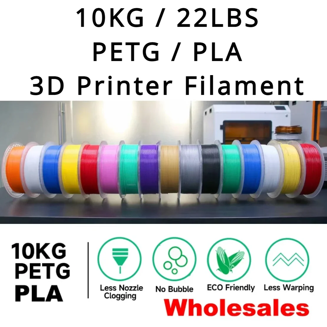 

10kg/22lbs PETG PLA Filament 3D Printer Filament 10 Rolls 1KG 1.75mm Odorless Eco-Friendly Good Tougness Mix Color Free Shipping