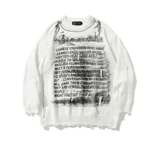 

Dark Letter Print Broken Ripped Sweater Men's High Street Fashion Brand Loose round Neck Pullover Sweater