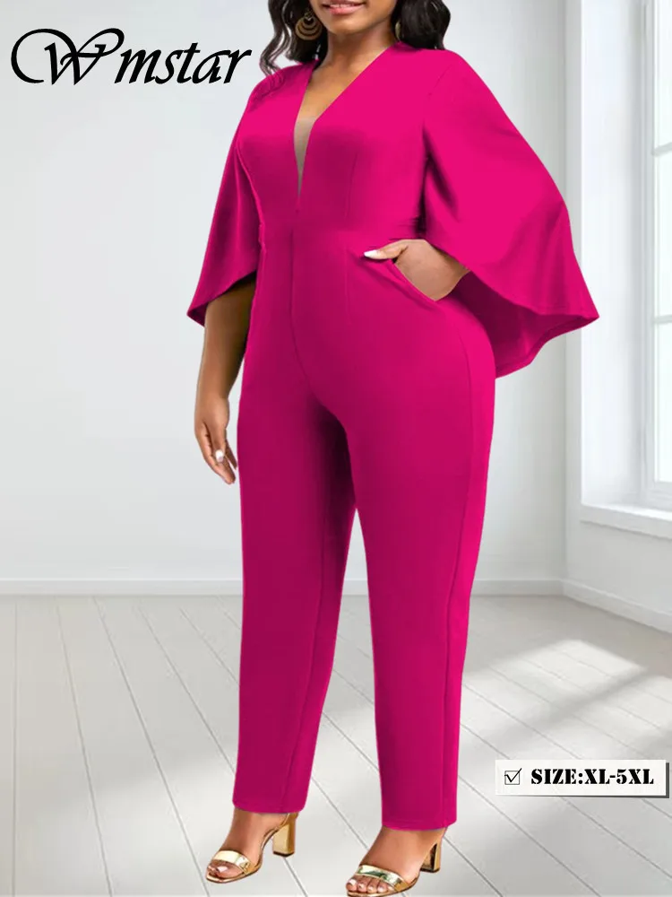 

Wmstar Plus Size Romper Women Solid Flared Half Sleeve V Neck Leggings Office Lady Jumpsuit Wholesale Dropshipping Without Belt