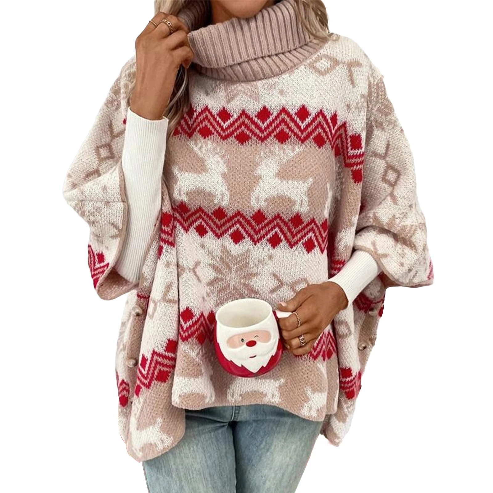 

Autumn and Winter Sweaters New Turtleneck Christmas Sweater Elk Contrast Pattern Bat Sleeve Sweater Oversized Pullover Knit Tops