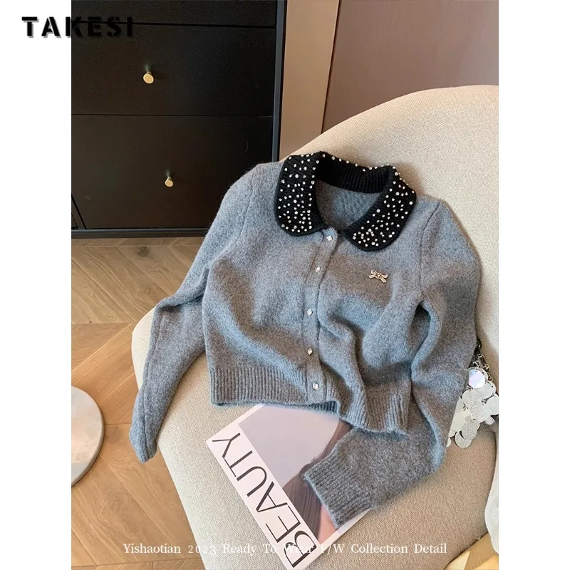 

Women Vintage Luxury Patchwork Knitting Long Sleeve Cardigans 2023 Winter Casual Single Breasted Peter Pan Collar Warm Sweater