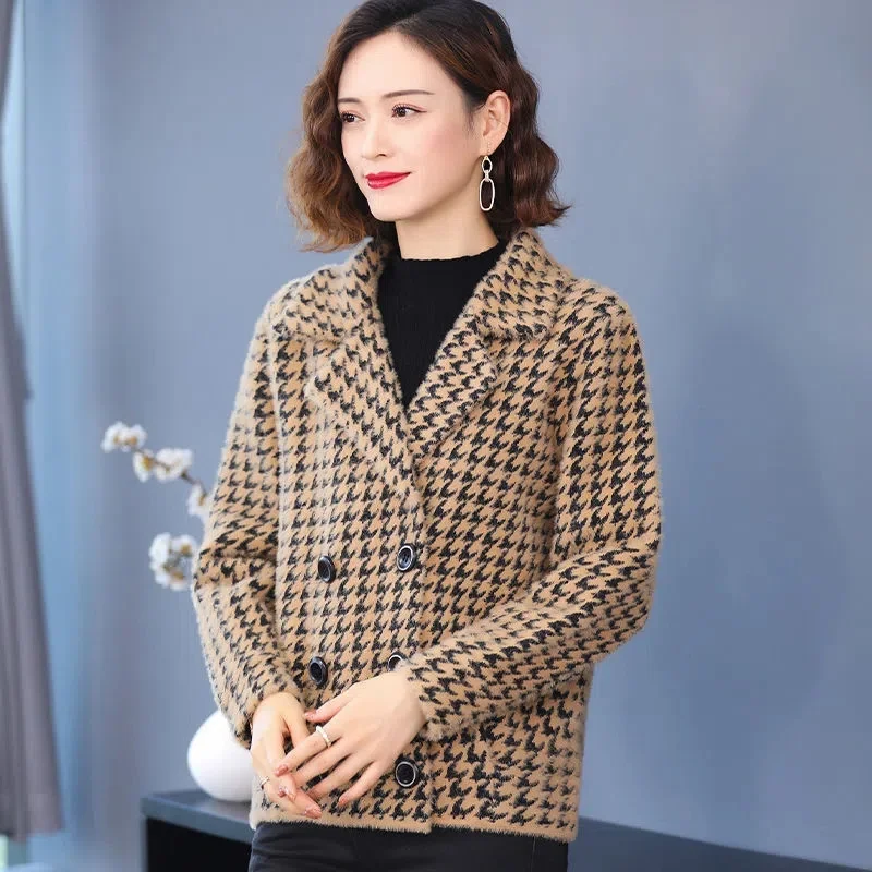 

2022 Houndstooth Faux Mink Velvet Coat Women Autumn Winter Short Blazers Jacket Lady Tops Double-breasted Outerwear Woolen Coat