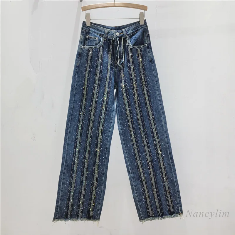 

Heavy Embroidery Hot Drilling Jeans for Women 2024 Spring Cool Raw Hem High Waist Straight Jeans Street Wide Leg Trousers