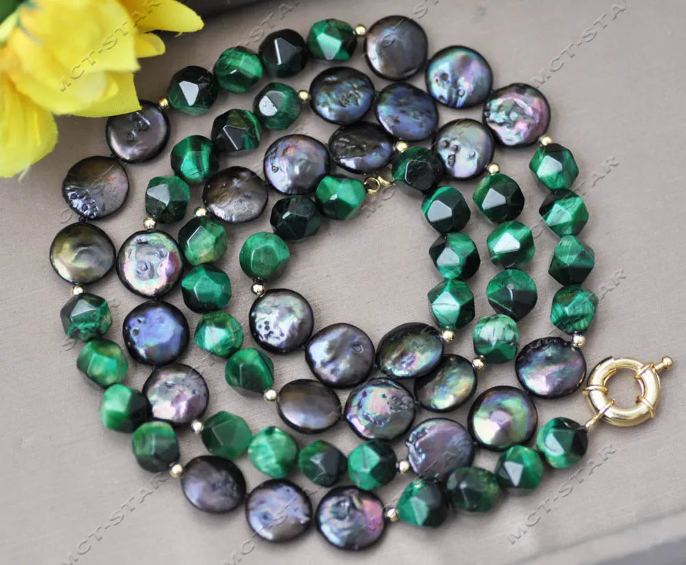 

MTC·STAR Z13234 33" 15mm Black Coin Freshwater Pearl Green Faceted Tiger's-Eye Necklace Custom Jewelry