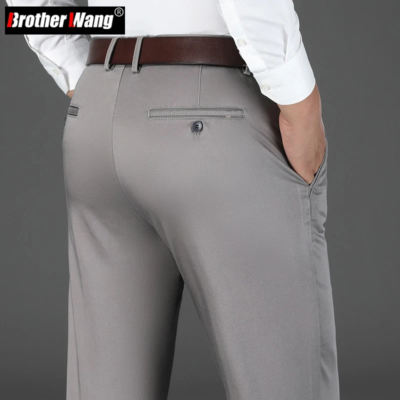

4 Colors New Autumn Men Business Small Straight Casual Pants Modal Cotton Elasticity Solid Color Trousers Male Brand Khaki Black