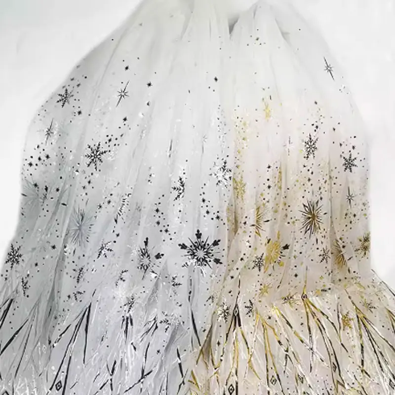 

5Meters White Gold Stamp Silver Pressed DIY Dress Princess Skirt Theme Party Snowflake Patern Printing Fabric