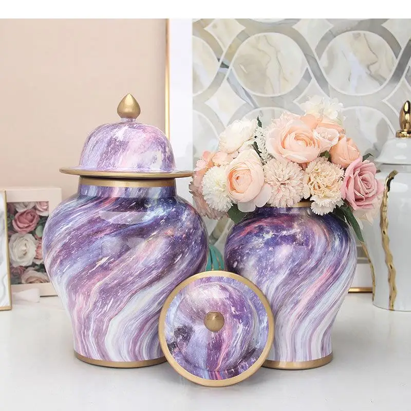 

Purple Nebula Pattern Ceramic Storage Jar Gold-plated General Tank Tea Canister Porcelain Jewelry Jars Cosmetic Containers