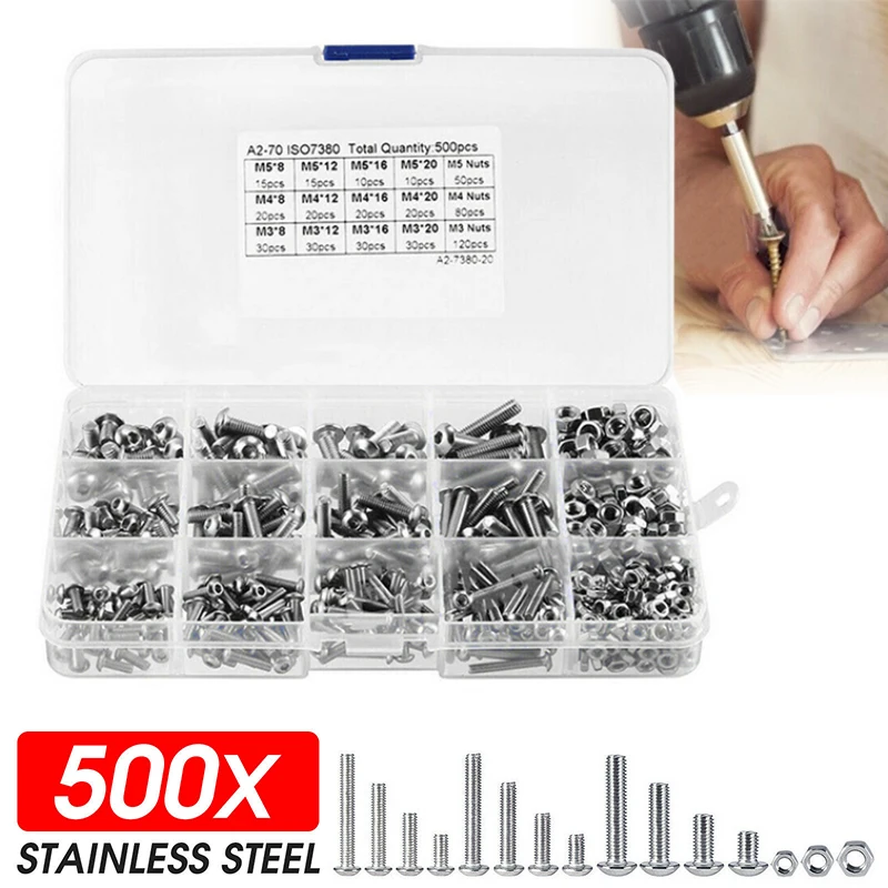 

500pcs Hex Socket Button Head Bolts Screws Nuts Assortment Kit Suitable Home Office Appliance Equipment Ship Assembly Machinery