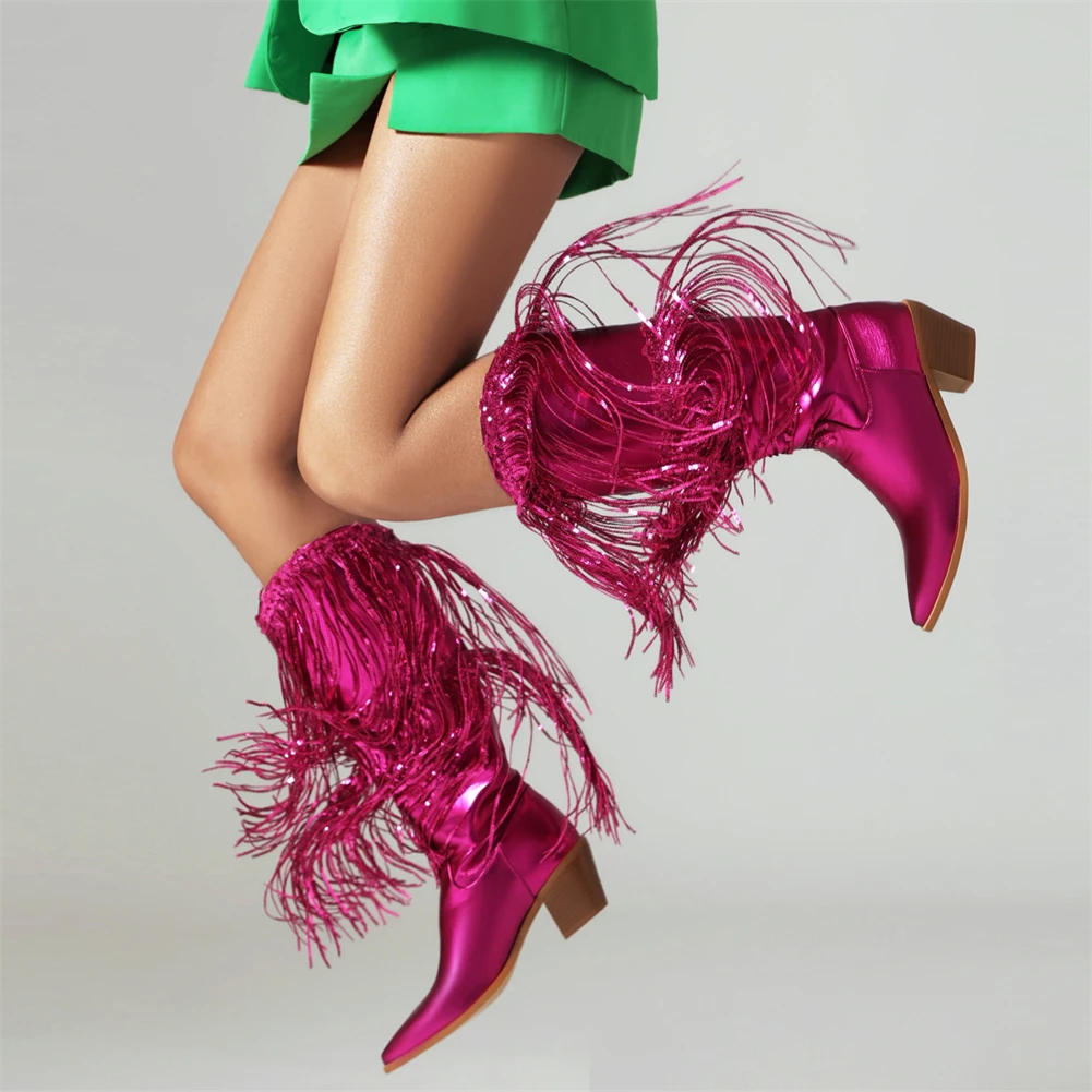 

Ковбойские женские ковбойские ботинки до середины икры в западном стиле, обувь на толстом высоком каблуке с острым носком и блестящей бахромой, женские модные длинные сапоги