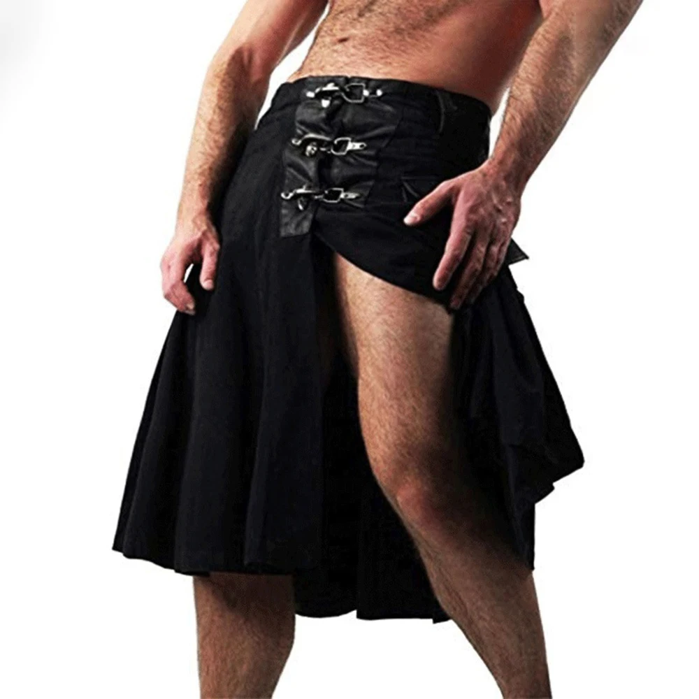

Men Sexy Slit Scottish Skirt 2024 New Genderless Casual Fashion Youth Medieval Retro Steampunk Metal Buckle Placket Skirt Unisex