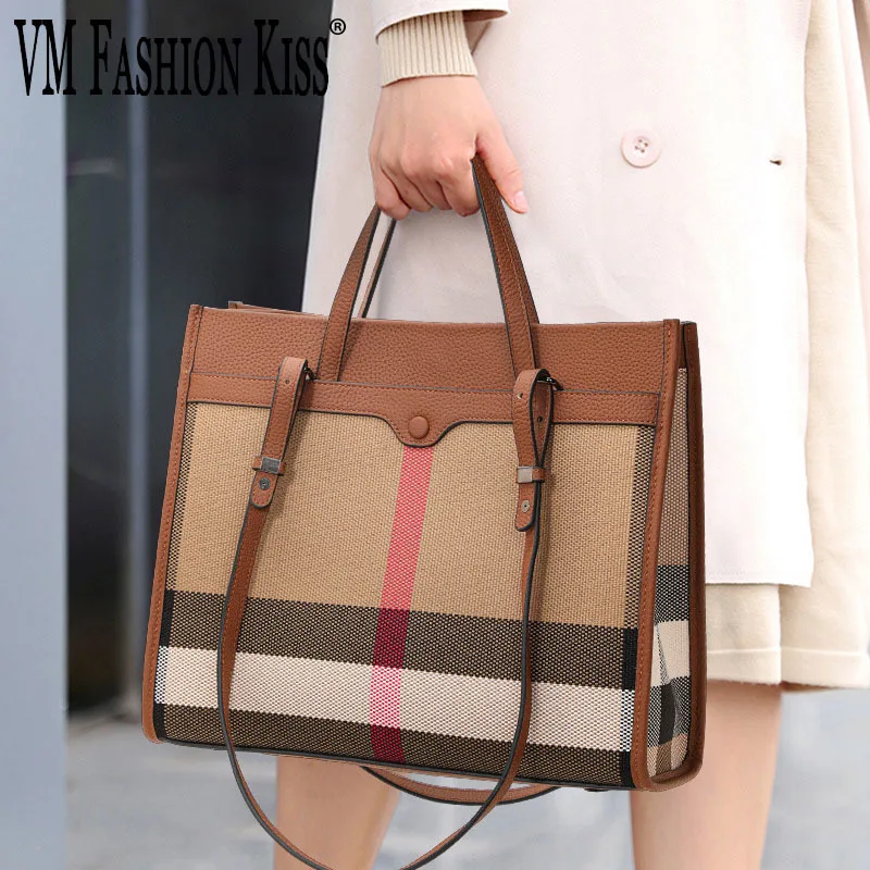 

VM FASHION KISS Striped Canvas + Genuine Leather Large Capacity Ladies Tote Bag Luxury Design Shoulder Bags For Women Trend 2024