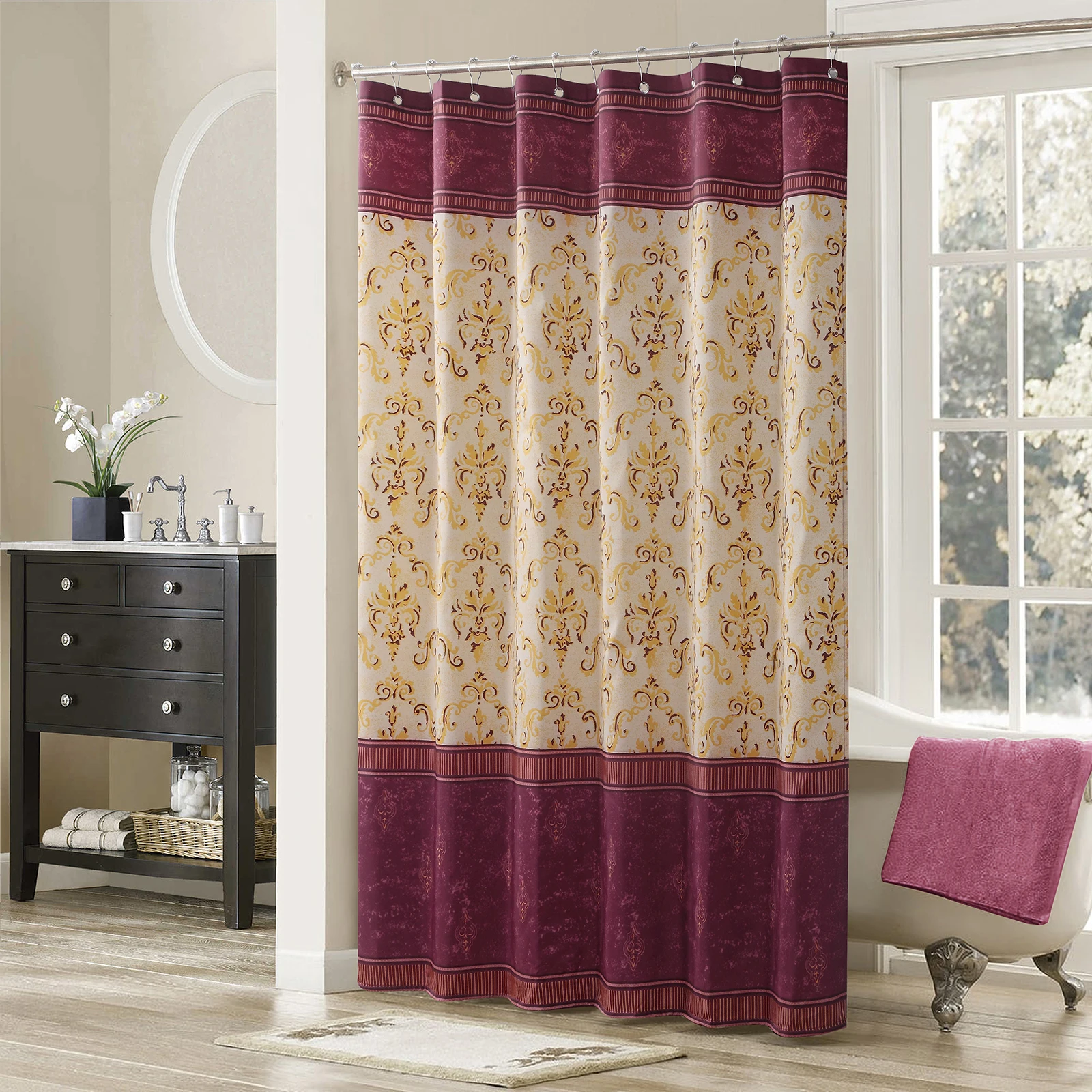 Royal Scroll Burgundy Farmhouse Gold Classic Polyester Waterproof Fabric Modern Yellow Printed Decorative Cream Shower Curtain
Royal Scroll Burgundy Farmhouse Gold Classic Polyester Waterproof Fabric Modern Yellow Printed Decorative Cream Shower Curtain