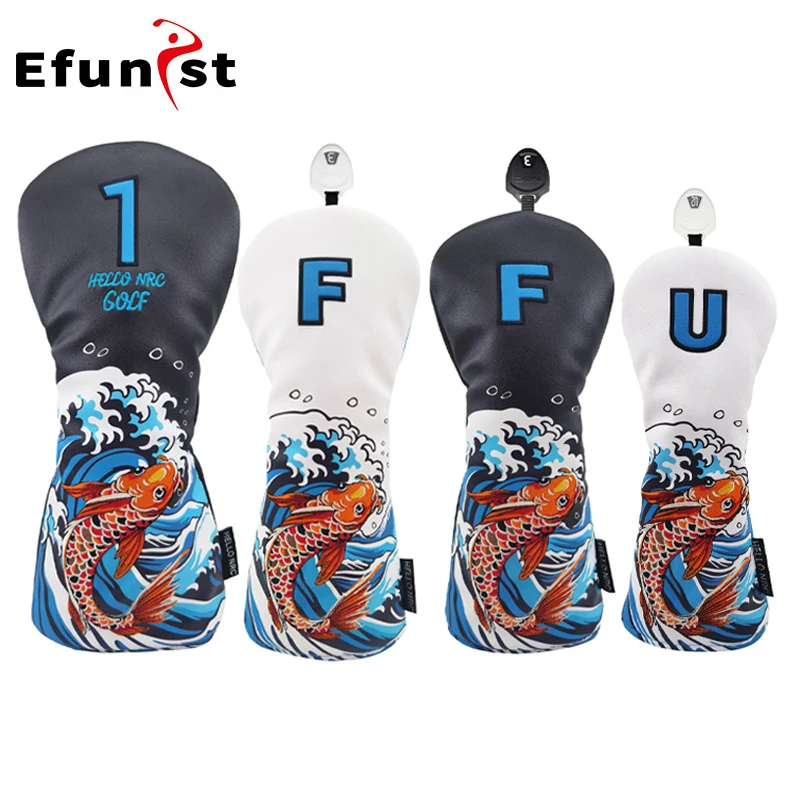 Golf Wood Cover Koi Pattern Driver Fairway Hybrid Protector Head Cover PU Leather Soft Durable Golf Club Covers Waterproof Golf Wood Cover Koi Pattern Driver Fairway Hybrid Protector Head Cover PU Leather Soft Durable Golf Club Covers Waterproof