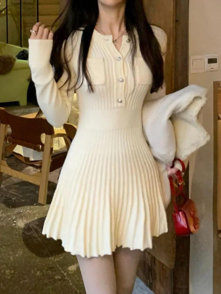 

Осеннее трикотажное мини-платье с запахом QWEEK 2023, женские плиссированные винтажные Ретро Короткие платья с длинным рукавом, тонкое платье-футляр