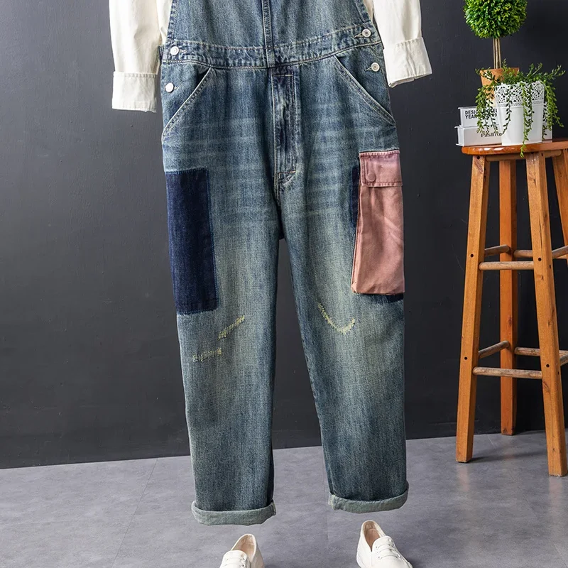 

Джинсовый винтажный комбинезон, мужские байкерские брюки-карго, прямые повседневные Комбинезоны в стиле пэчворк, свободный джинсовый комбинезон с несколькими карманами, мужская модель
