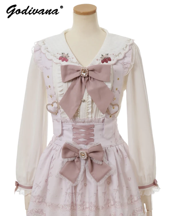 

Japanese Liz Blouses Girls Lolita Mine Mass-Produced Sweet Cute Strawberry Embroidery Sailor Collar Shirt Long Sleeve Blusas Top
