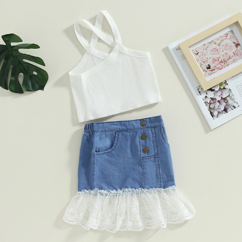 3-8Years Kids Girl Two Piece Outfit Summer Sleeveless Camisole Tops Lace Hem Elastic Denim Skirt Fashion Casual Clothes Sets
3-8Years Kids Girl Two Piece Outfit Summer Sleeveless Camisole Tops Lace Hem Elastic Denim Skirt Fashion Casual Clothes Sets
