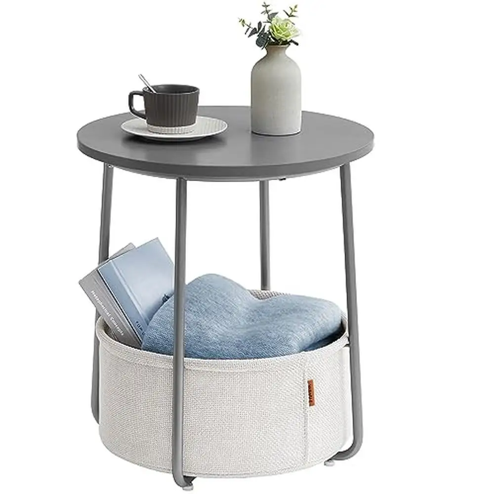 

Modern Round End Table with Fabric Basket Small Nightstand Living Room and Bedroom Storage Solution Sturdy Steel Legs Dove Grey