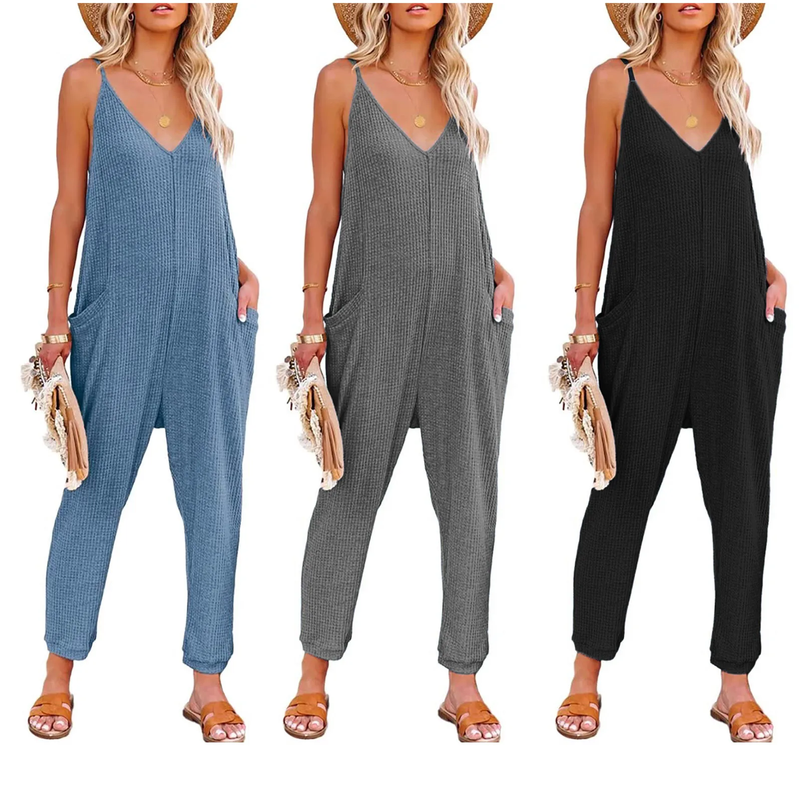 Women Loose Jumpsuits Summer Deep V Neck Sleeveless Slip Pocket Wide Leg Pant Overalls Female Solid Long Trousers Outfit
Women Loose Jumpsuits Summer Deep V Neck Sleeveless Slip Pocket Wide Leg Pant Overalls Female Solid Long Trousers Outfit