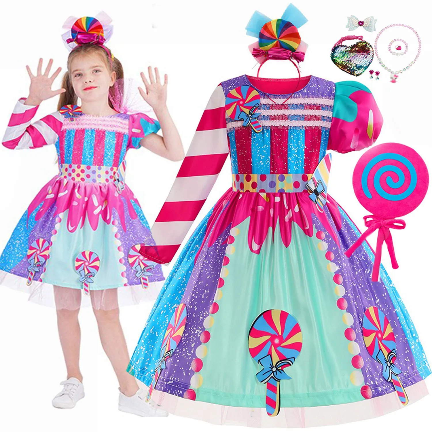 

Sweet Lollipop Candy Kids Dress Carnival Party Little Girl Birthday Costume Fancy Rainbow Tutu Children Wedding Clothes 2-8T