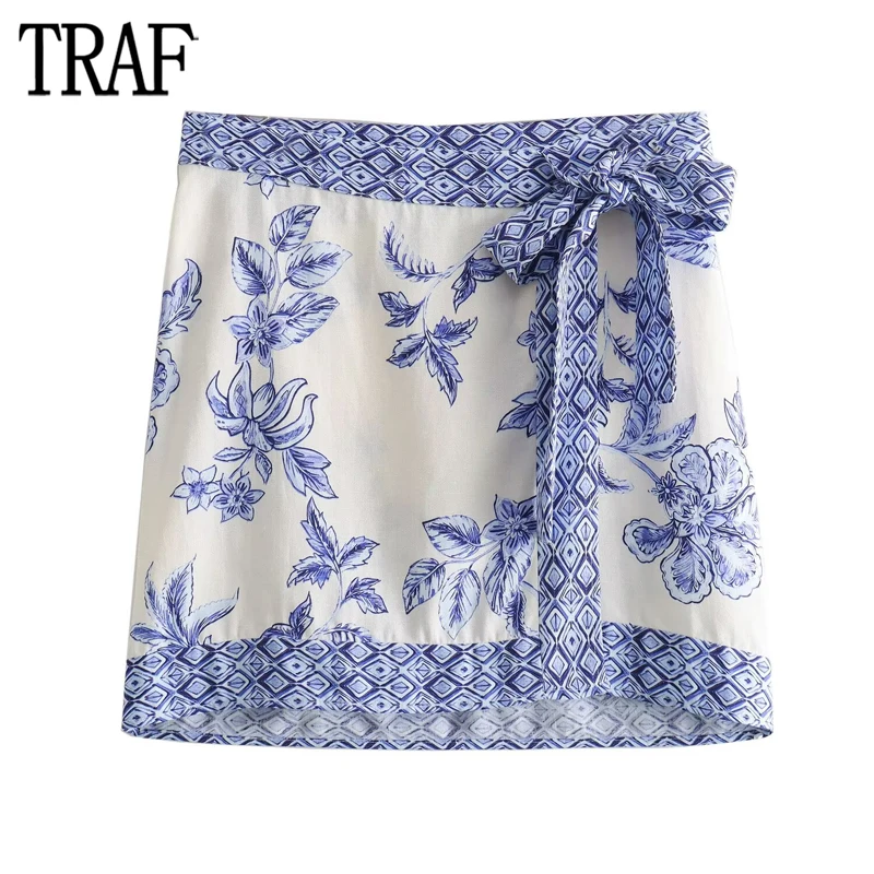 

TRAF 2024 Floral Mini Skirt Women Knot High Waist Woman Skirts Summer Beach Short Skirts for Women Print Boho Women's Skirts