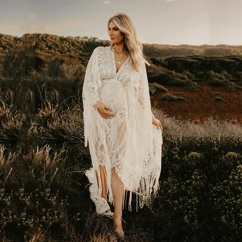 

Boho Lace Maternity Photography Props Dresses Free Size Adjustable Pregnancy Photo Shoot Bohemian Long Dress Sides Slit